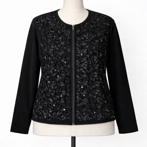 Vintage 80s Gantos Black Sequin Zip Cardigan Sweater Embellished Ribbon Small